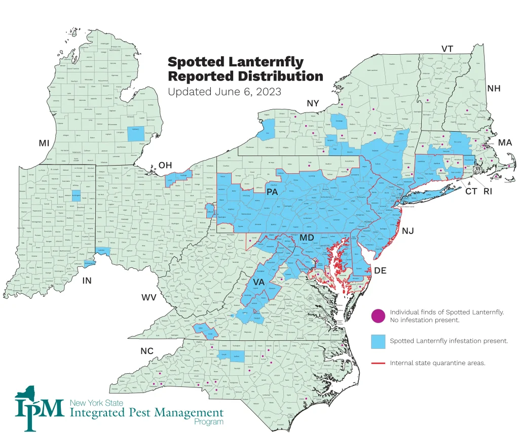 Spotted Lanternfly Reported Distribution Map June 6, 2023